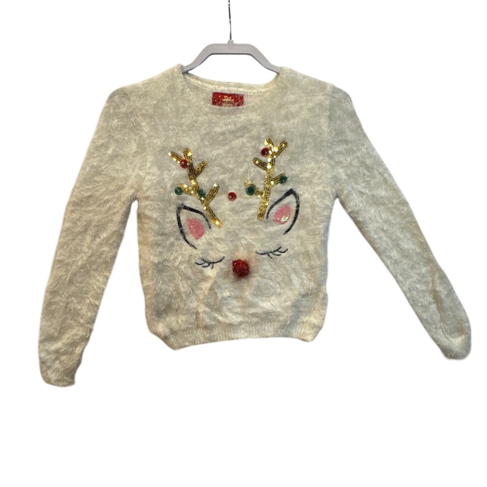 Primark Kids Girls‎ White Fuzzy Reindeer Christmas Sweater Pullover 10 11 Years